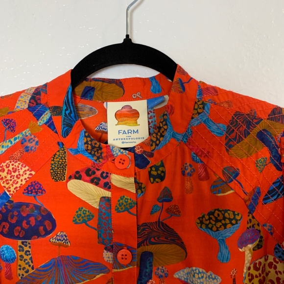 FARM Rio Anthropologie Long-Sleeve Shirt Dress Small Red Mushroom Print Tiered - Picture 6 of 16